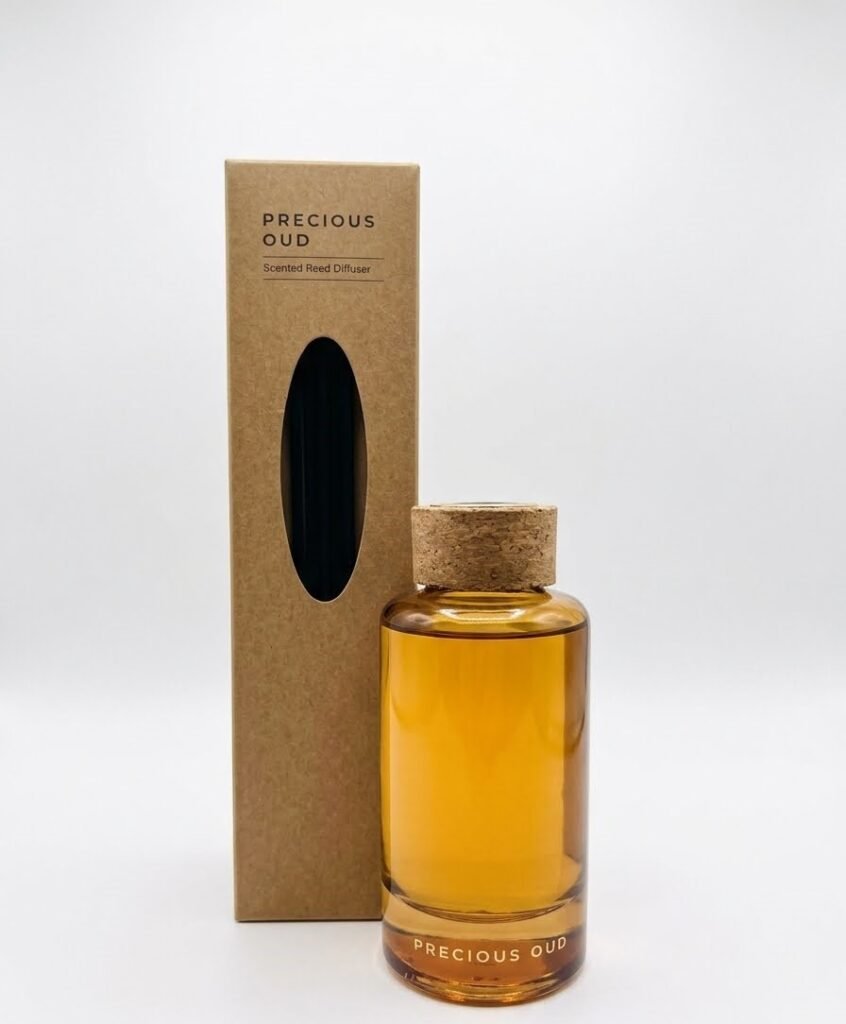 Candlelight 200ml Precious Oud reed diffuser in a tall round glass bottle for luxury home fragrance in Lagos, Nigeria