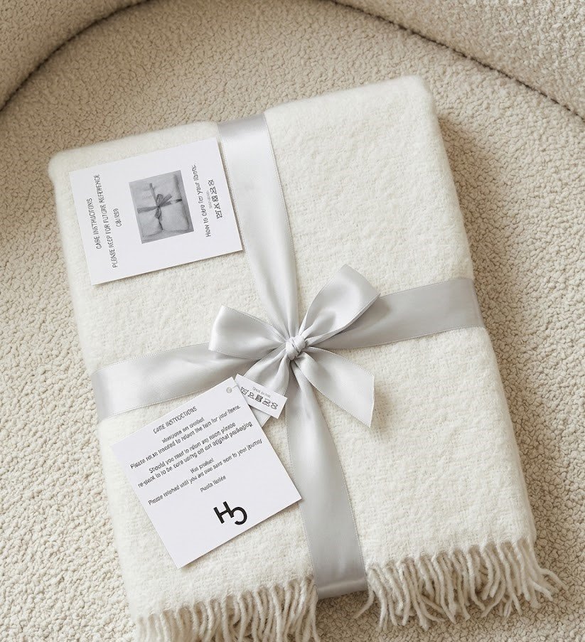 Folded white terry cotton blanket with fringe edges and a silver ribbon bow, Lagos, Nigeria