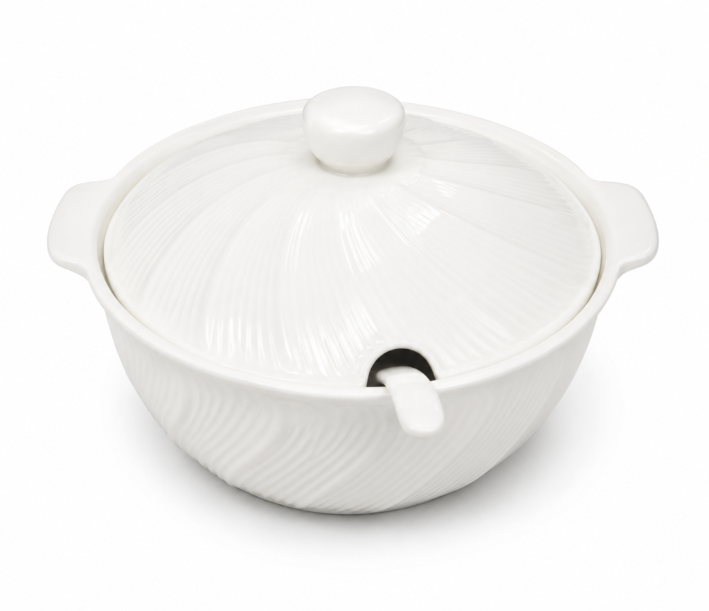 White ceramic soup pot with easy-to-clean surface for luxury kitchen cooking in Lagos, Nigeria