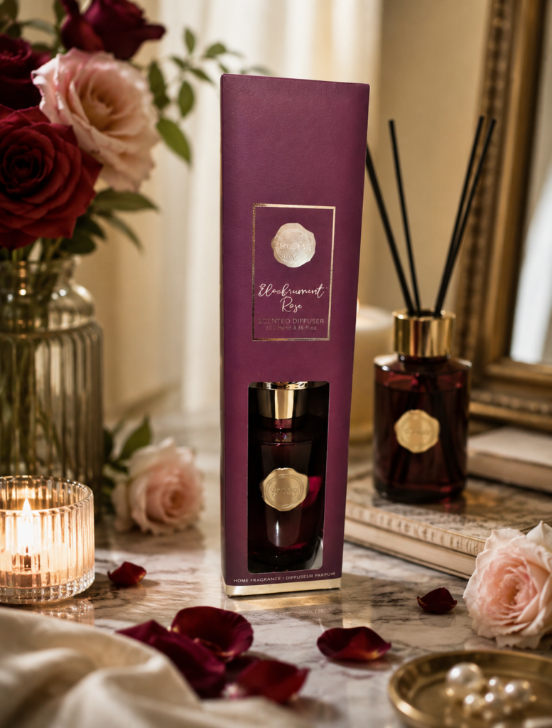 Luxury 300ml blackcurrant and rose reed diffuser in a deep burgundy glass bottle for home decor in Lagos, Nigeria