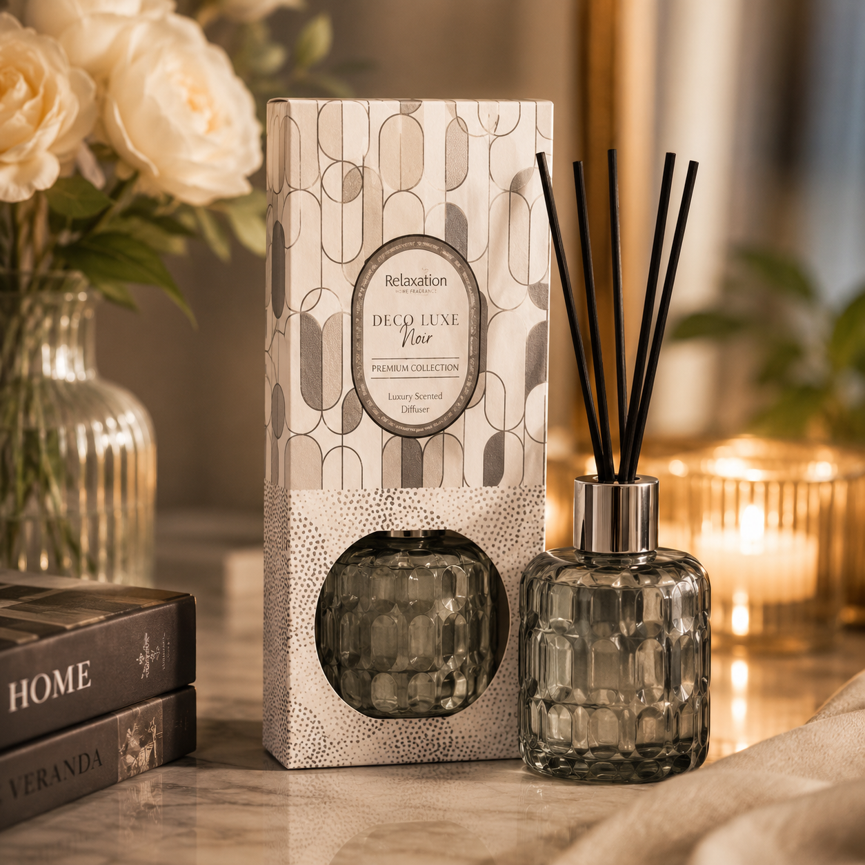 White and silver Deco Luxe Noir reed diffuser 100ml glass bottle with reeds for luxury home scent in Lagos, Nigeria White and silver Deco Luxe Noir reed diffuser 100ml glass bottle with reeds for luxury home scent in Lagos, Nigeria