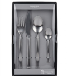 Boxed 16-piece matt black stainless steel cutlery set including forks, knives, and spoons, Lagos, Nigeria