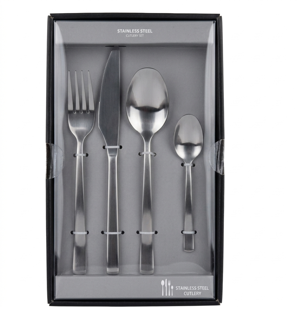 Boxed 16-piece matt black stainless steel cutlery set including forks, knives, and spoons, Lagos, Nigeria