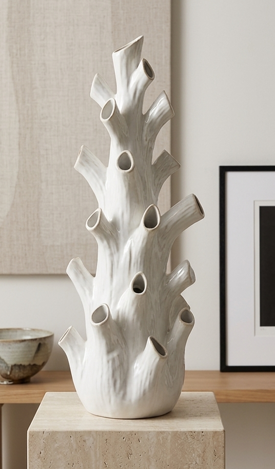 Tall cream ceramic vase 20.5x55cm Korali decorative floor vase for flowers and modern home décor in Lagos Nigeria