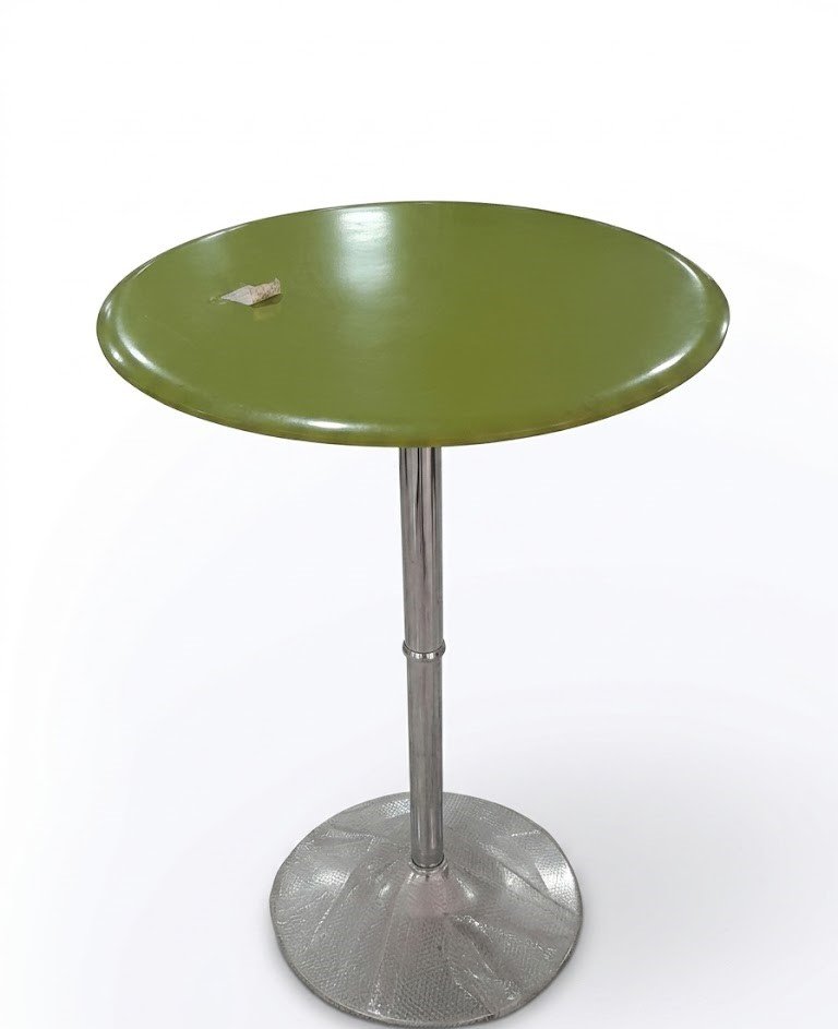 Glossy avocado green round bar table with a sleek adjustable chrome pedestal base, Lagos, Nigeria