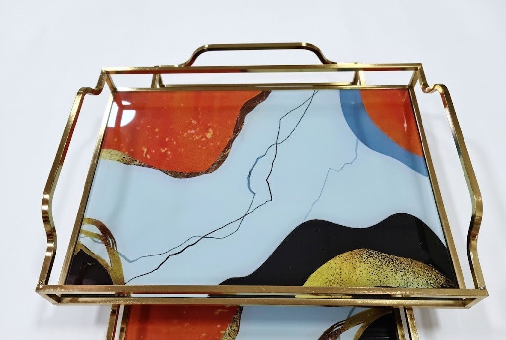 Iron frame with printed glass tray decorative table accent for home décor in Lagos Nigeria