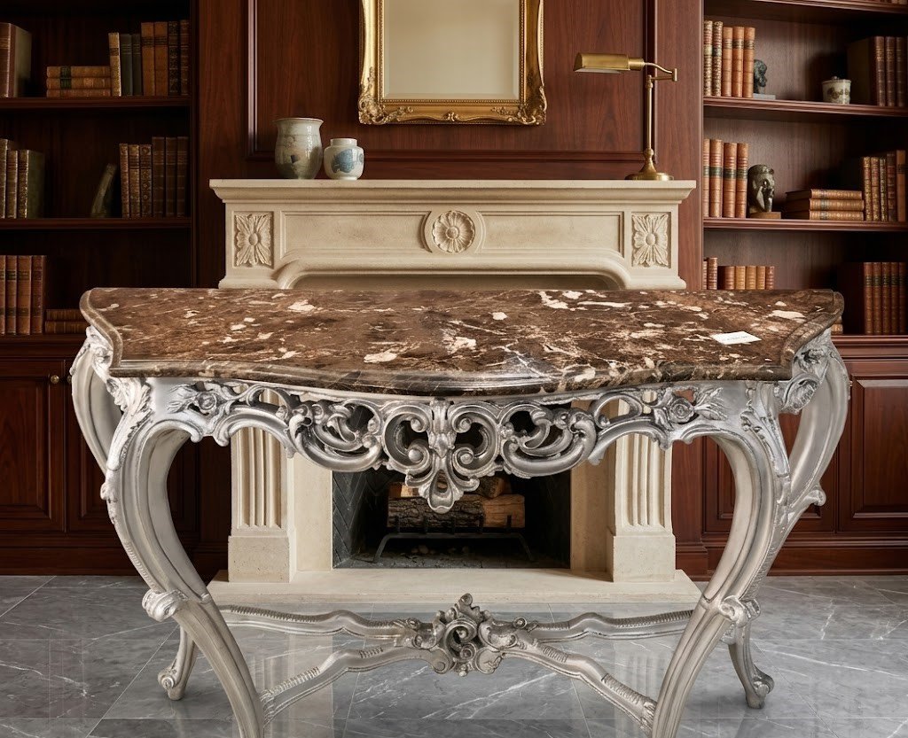 Ornate Silver Carved Rococo Console Table with decorative carved details, Lagos, Nigeria