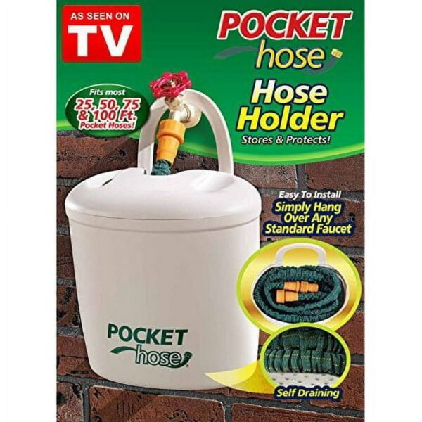 Compact black pocket hose holder for neat garden hose storage and organization in Lagos, Nigeria.