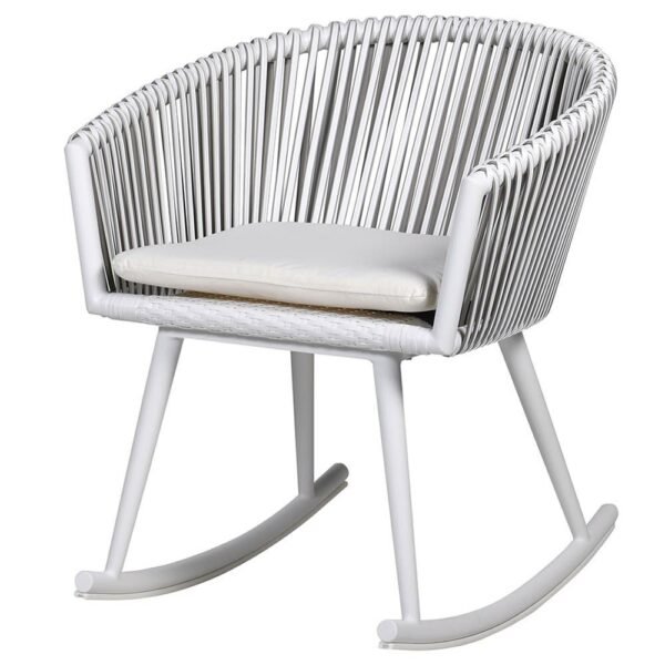 Sleek white woven rattan rocking chair with a sturdy black metal frame for patio or living room, Lagos, Nigeria