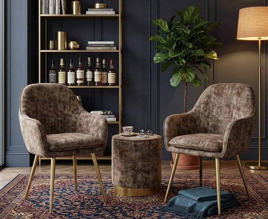 Leopard print Lara dining chair with gold legs and matching pouffe stool for luxury seating in Lagos, Nigeria