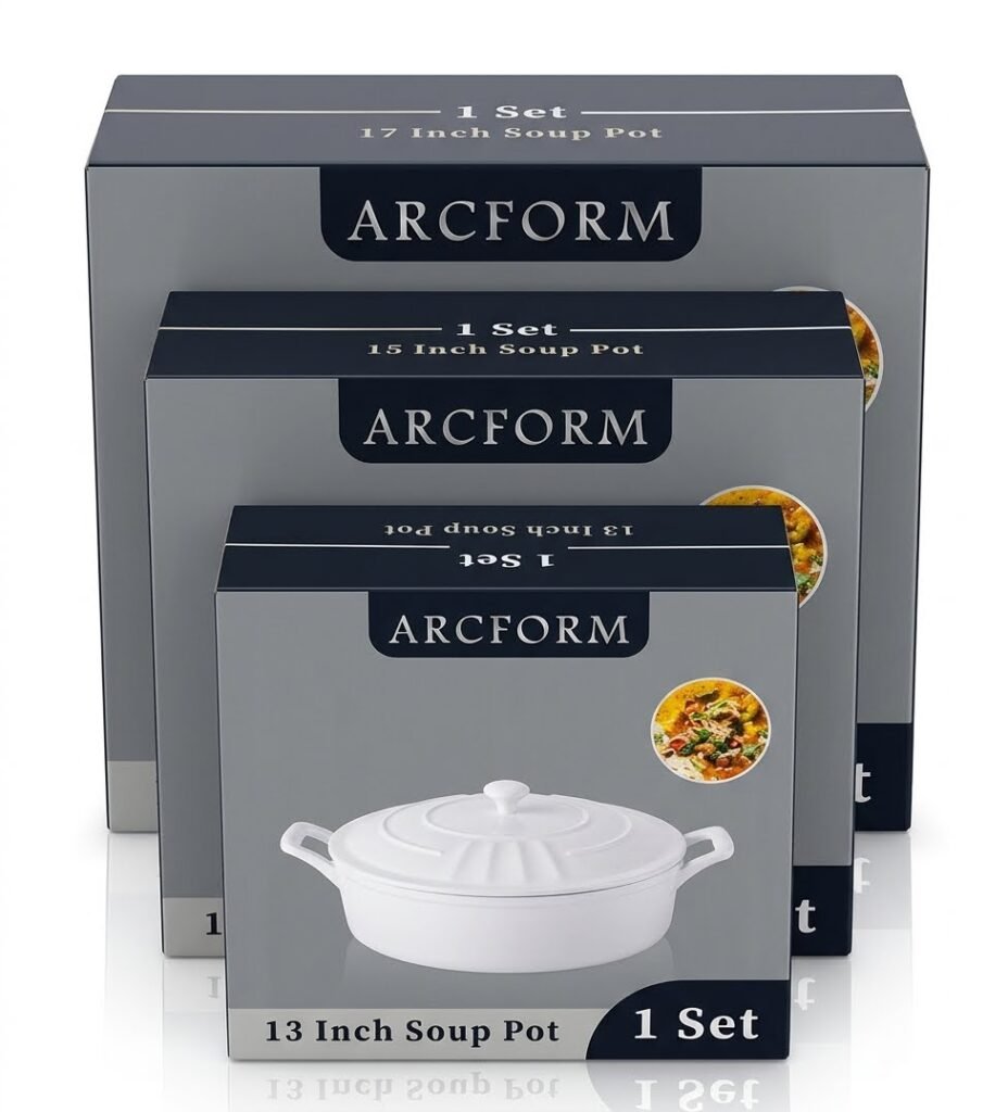 Arcform 3-piece white ceramic soup pot set in 13, 15, and 17 inch sizes for elegant hosting in Lagos, Nigeria