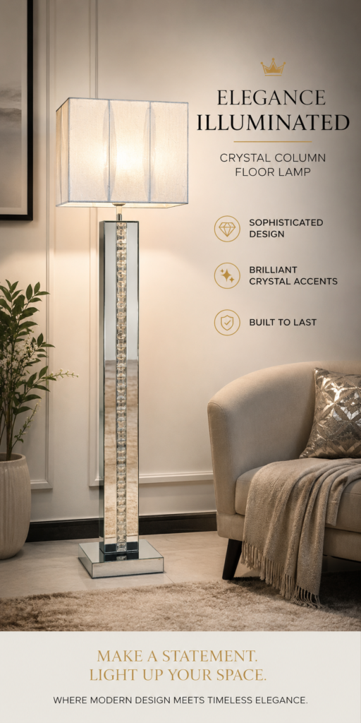 Elegant silver floor lamp with crystal stand and white fabric shade for luxury living room decor in Lagos, Nigeria
