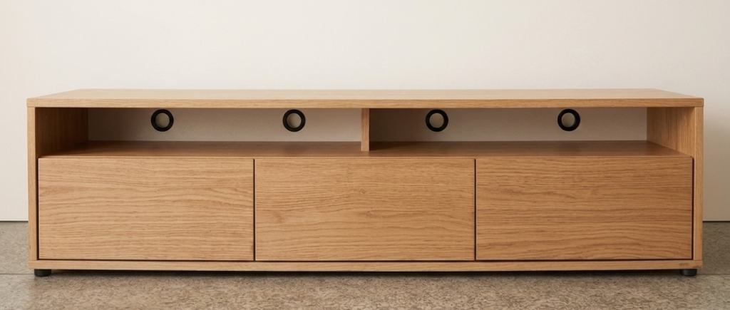 Wooden TV unit with storage shelves and modern design for living room setup in Lagos, Nigeria