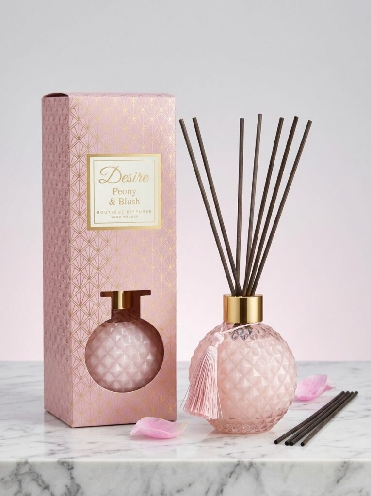 Pink round diamond-textured glass Desire Peony & Blush reed diffuser with a tassel in a pink gift box, Lagos, Nigeria