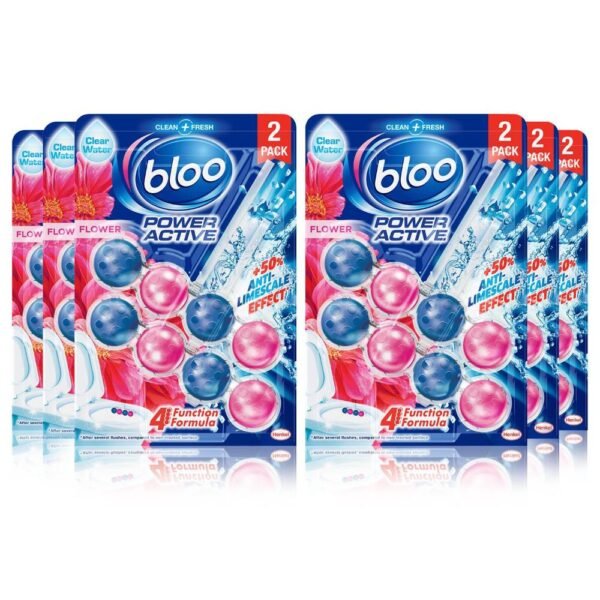 Pack of six yellow and blue Bloo Power Active lemon toilet rim blocks for hygiene and freshness in Lagos, Nigeria