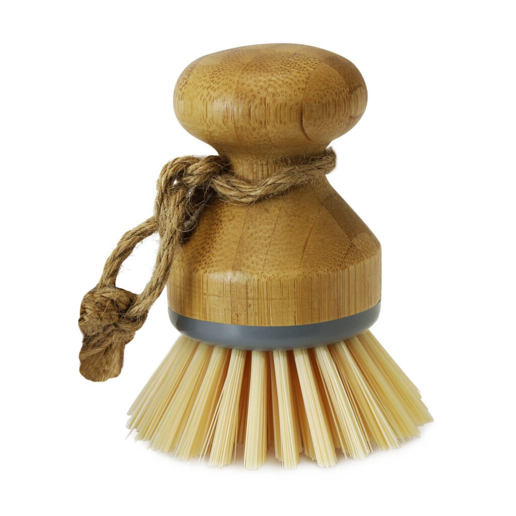 Natural bamboo round dish brush with ergonomic handle for eco-friendly kitchen cleaning in Lagos, Nigeria