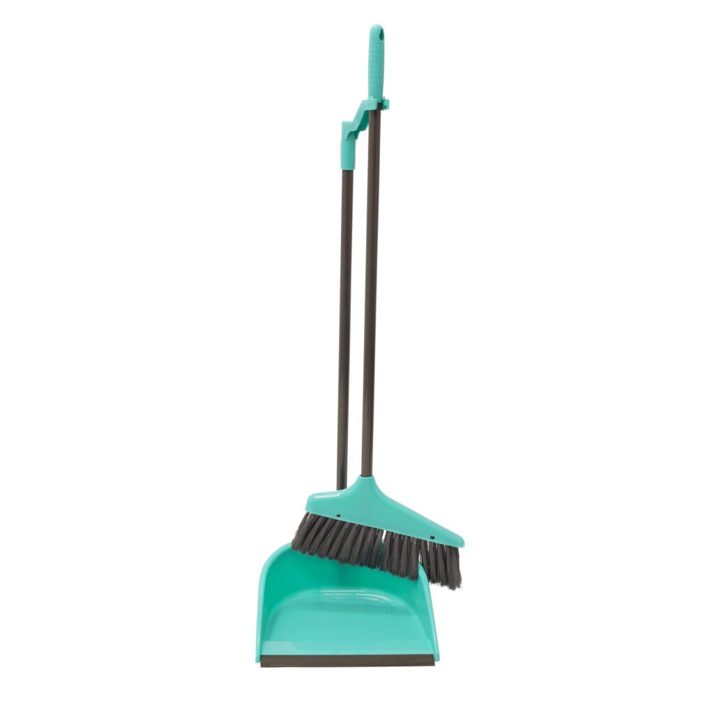 Turquoise long handle dust pan and brush set for ergonomic floor cleaning in Lagos, Nigeria