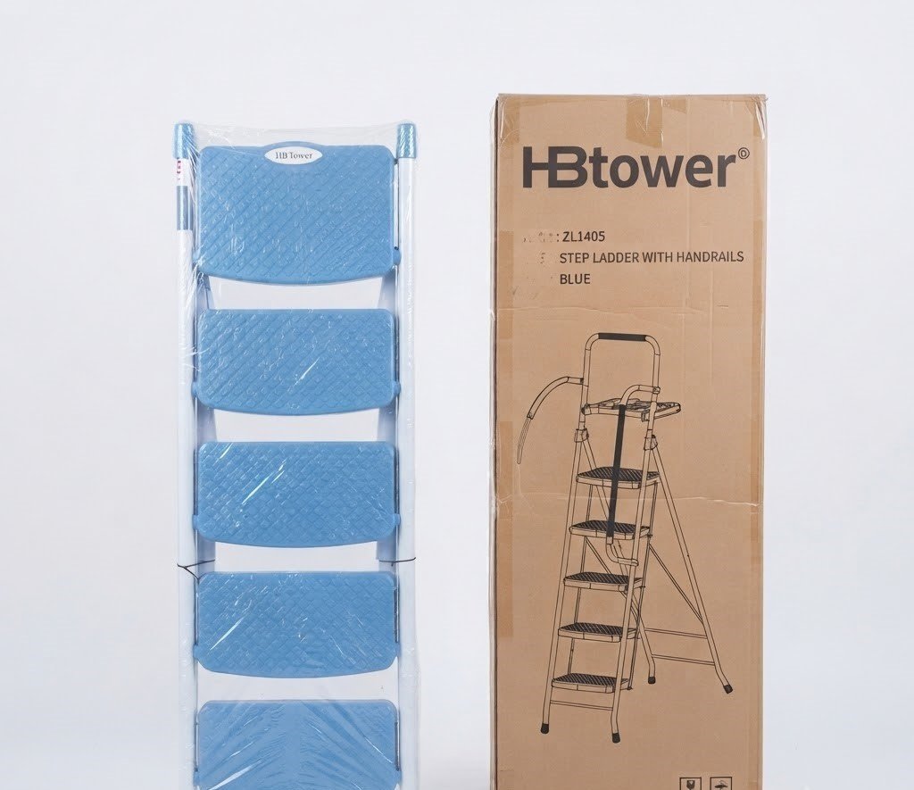 HB Tower five steps folding ladder with wide anti-slip steps for home use, Lagos, Nigeria