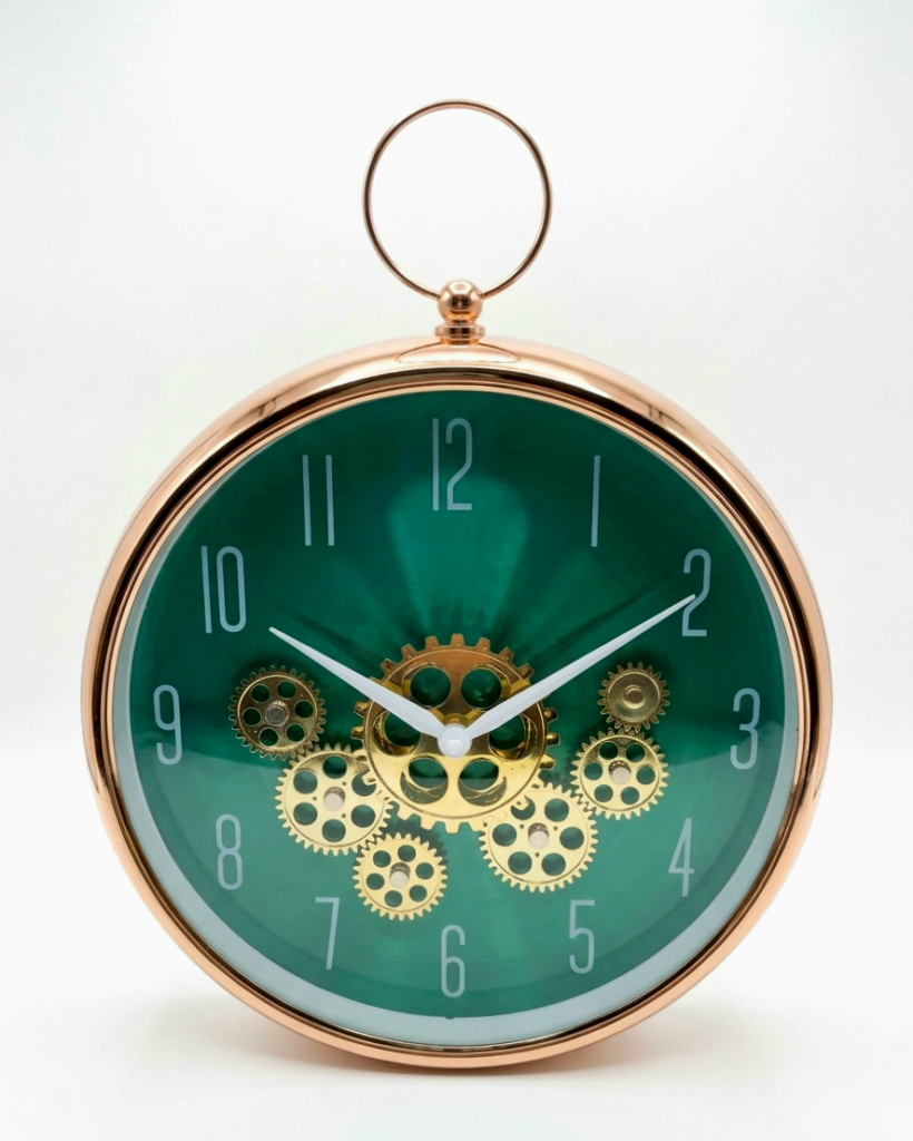 Seven Engine Green Rose Gold Wall Clock with hanging ring, decorative design for homes in Lagos, Nigeria