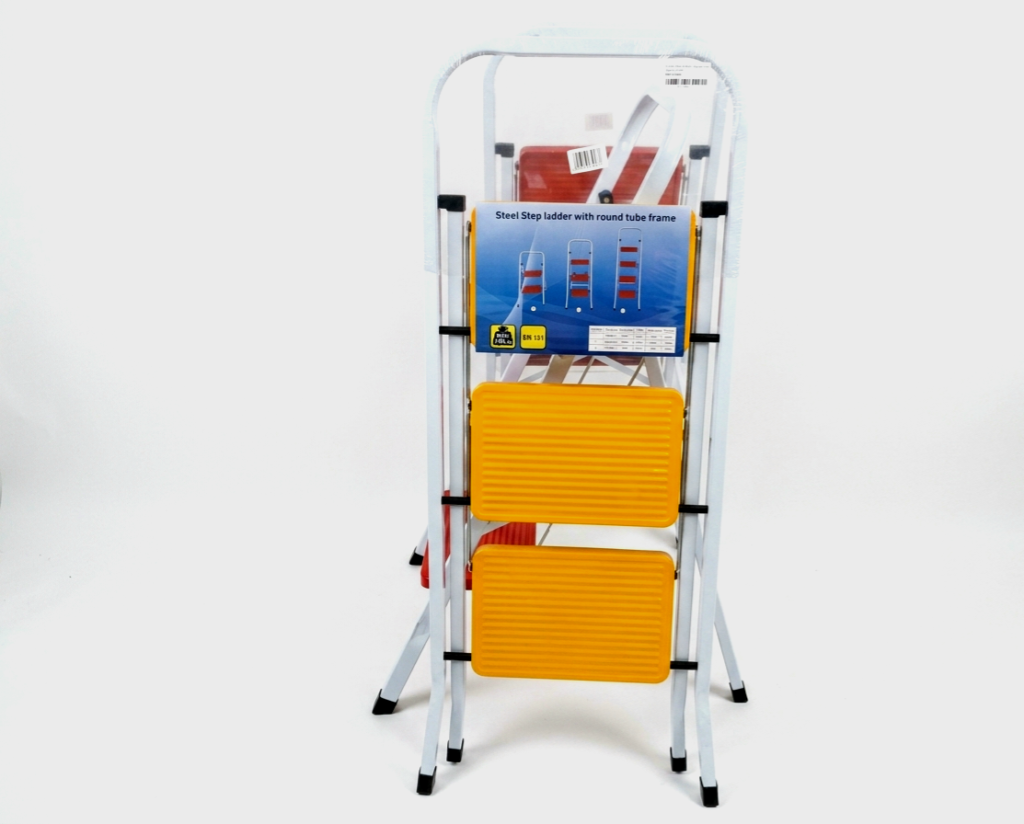 White steel 3 step ladder with yellow details for household use in Lagos, Nigeria